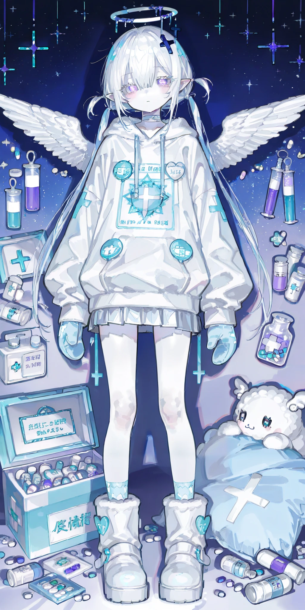 The girl is albino, she has white skin and slightly pointed ears, her eyes are indigo blue and her eyelashes are white. She has short shoulder-length loose white hair and has small pigtails on the sides of her head. She is wearing a baby blue oversized hoodie with long sleeves, white wool mini skirt, blue and white mittens with a set of badges, white ugg boots. She belongs to the Yamikawaii subculture, so her outfit is decorated with small angel wings, symbols of medical crosses, hearts, stars, pills,medical bottles,and toy syringes. She is standing in a cute pink bedroom surrounded by plush pillows and open empty gift boxes.