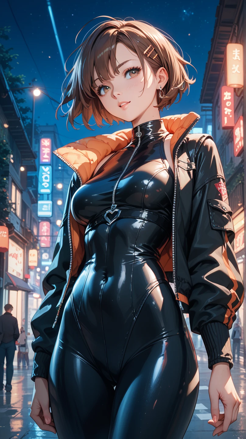 Girl from a cyberpunk post-apocalypse manga, strong and determined, smile on the corner of lips, scandalous clothes, ripped futuristic swimsuit, high collar halfway up the face, yellow raincoat, all wet, walking on a building roof, lightning cuts the sky on a rainy day, futuristic buildings in the background, (((front view))), Neon panels illuminate your body from behind, perfect fitness body, coxas nuas, long ribbon-garter, high socks and yellow rain boots with platform heels, cena sensual, stunning visual, (((cowboy shot)))