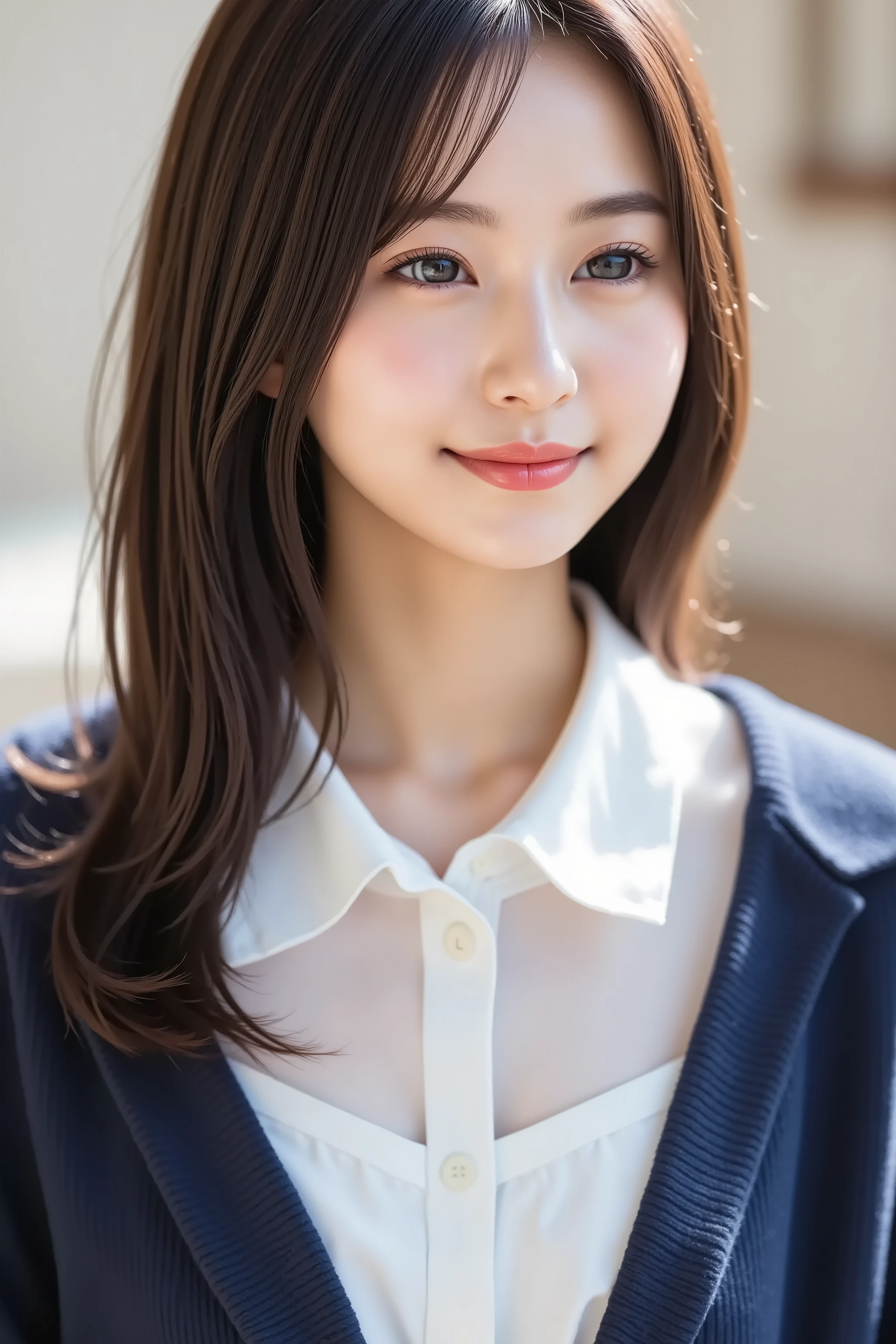 The face is positioned exactly in the center of the image , , the entire head is fully reflected , Face clearly visible、white blouse with collar and navy jacket, Women's Room Background , long hair per person、bungs, smile, young and cute japanese face , OFFICIAL ART, high image quality CG Unity 8k wallpaper,Ultra high image quality , is very well detailed, high image quality , film grain , Lens Flare Glow , top quality ,8k, as a portrait shot ,8k, viewer , masterpiece,top quality ,is very well detailed, it's cute ,sexy,is very well detailedな,detailware features ,beautiful, illustration , beautiful Japanese woman, ladies 1 , Tight Chest 