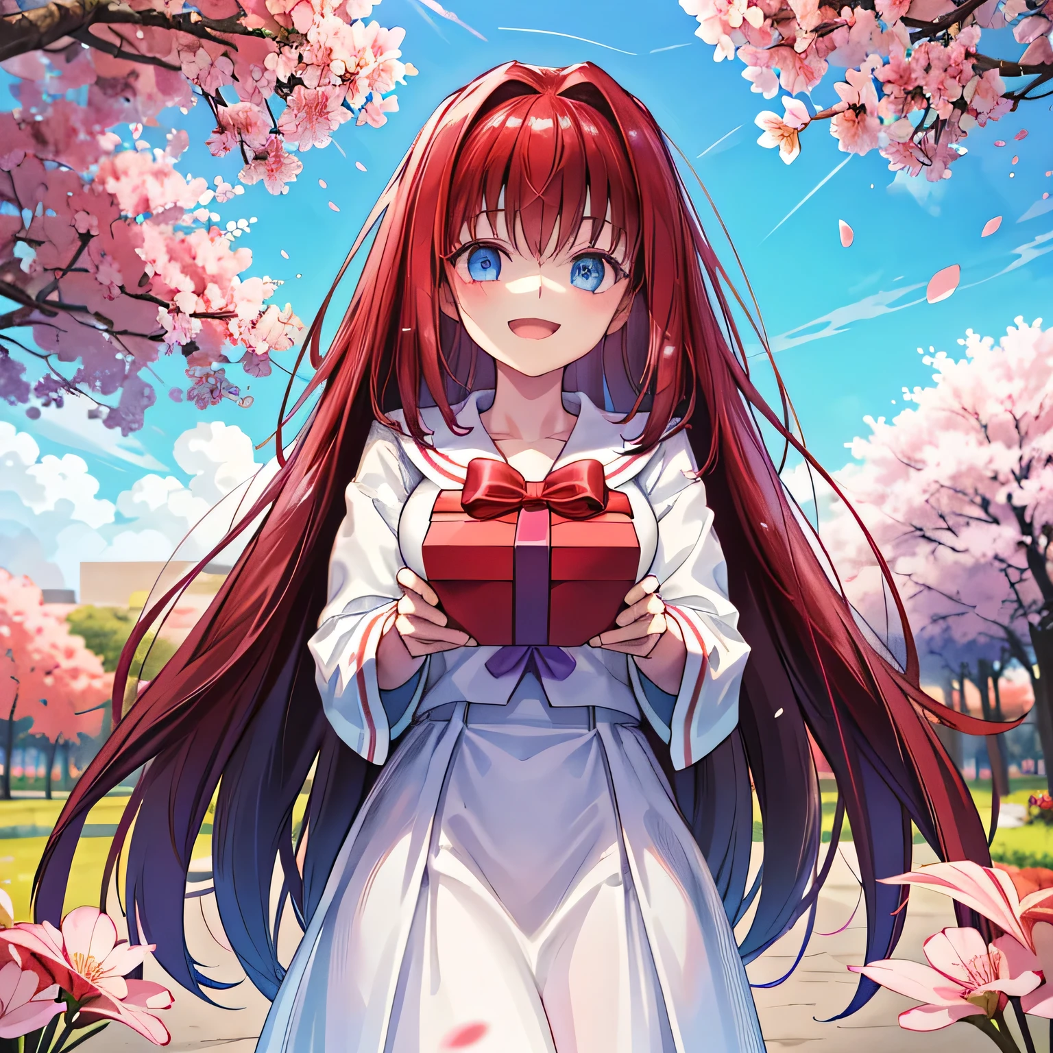 A breathtakingly beautiful 20-year-old woman stands in a lush park filled with cherry blossoms in full bloom beneath a clear blue sky. She wears a classic sailor uniform and gently holds a small, neatly wrapped gift box adorned with a red ribbon. Her radiant smile and joyful expression convey heartfelt happiness. dark hair, long hair, blue eyes.