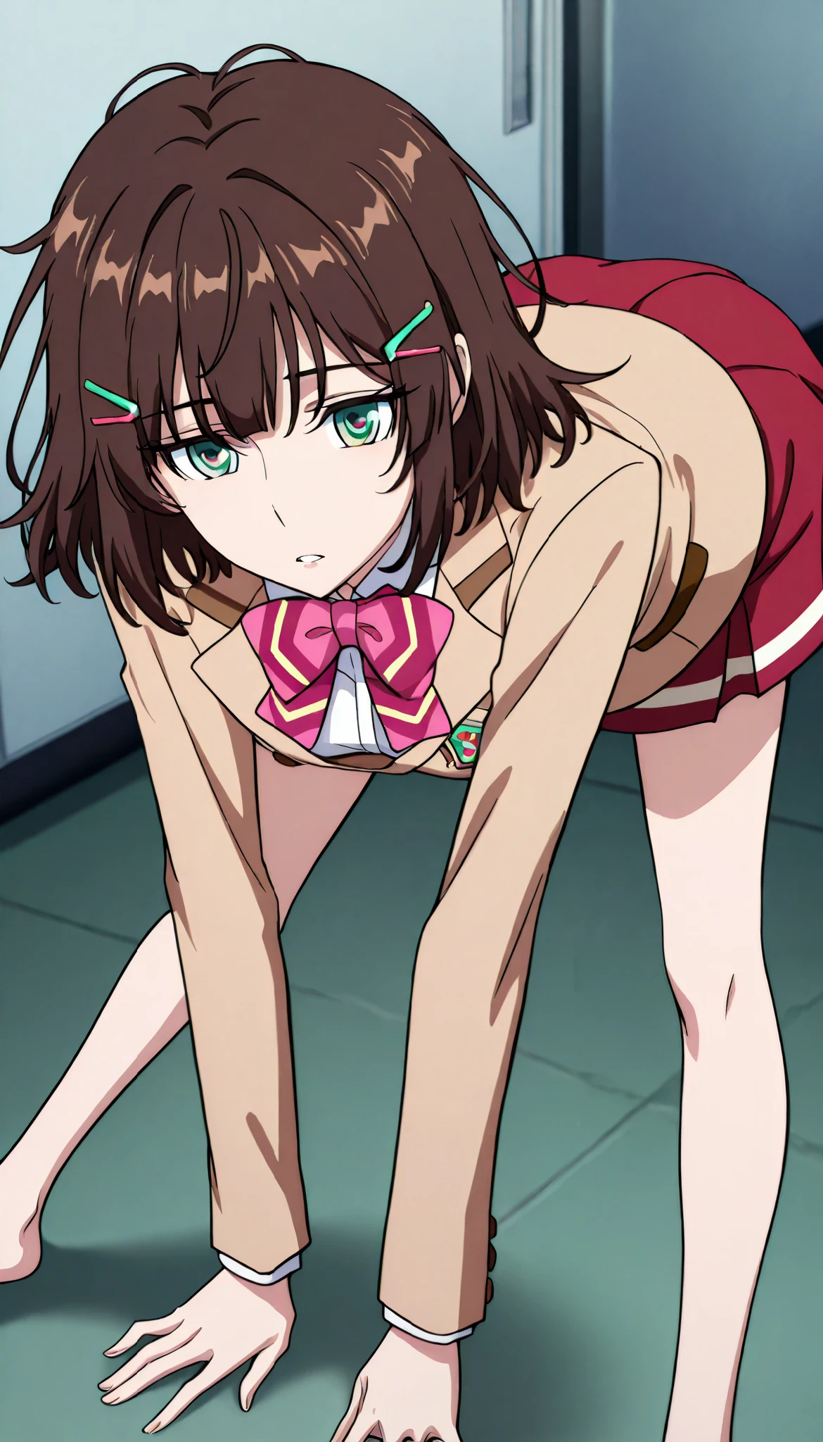 masterpiece, best quality, illustration, highres, absurdres, ultradetailed, amicia michella - nijisanji, 1girl, brown short hair, yellow inner hair, wavy hair, green eyes, highly detailed eyes, shiny, shiny skin, bright eyes, ((1 girl, solo, bunny ears ornament, black bunny suit, high-neck collar, bow tie, bunny girl suit, medium breasts, turtleneck, audience, crowd, ass, from behind, looking back, night club interior, nighttime, latenight)),