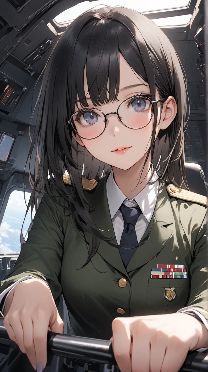 Modest outfit, remote shot, detailed beautiful delicate face, detailed beautiful delicate eyes, perfect facial proportions, high-definition skin, fine skin, four-inch best ratio. With one thumb, a masterpiece, highly detailed, realistic, (World War II German general uniform reference : 1.8), the highest face resolution, adult, modestly dressed woman, dressed entirely, ( small, black hair, black straight bangs, super fine braids, straight bangs, red glasses, dark green eyes), future, science fiction, fighter plane, standing On the landing of a fighter plane, the government agency, a deep intelligent personality, a calm expression, a respectful face, a war, a fighter plane
