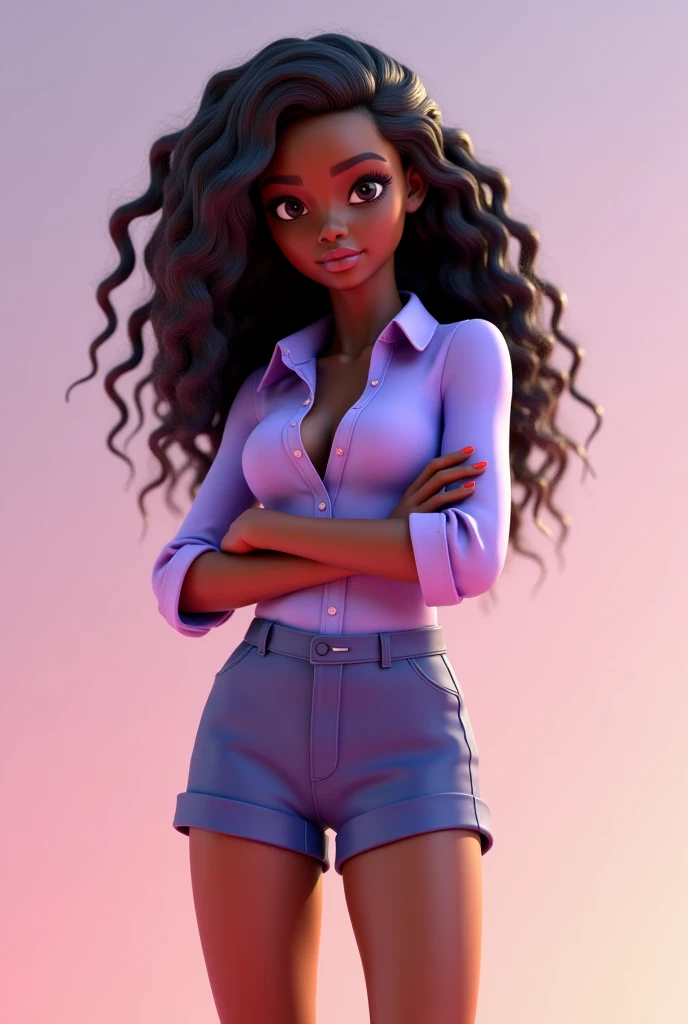 1girl (sitting down), wearing a  with a pleated skirt and loafers, black socks rolled up at the knees, her long, curly brown hair falls over one eye as she looks intently at the audience with an animated expression, her shiny skin glows under the soft, pastel lighting, highlighting the subtle curves and textures of her face and thighs.

(Detailed description of the girl's face: Her oval face is adorned with fine freckles, her brows perfectly arched and framing her bright, sparkling brown eyes that reflect the warmth of her personality. Her nose is a perfect button, and her lips are parted slightly, revealing a hint