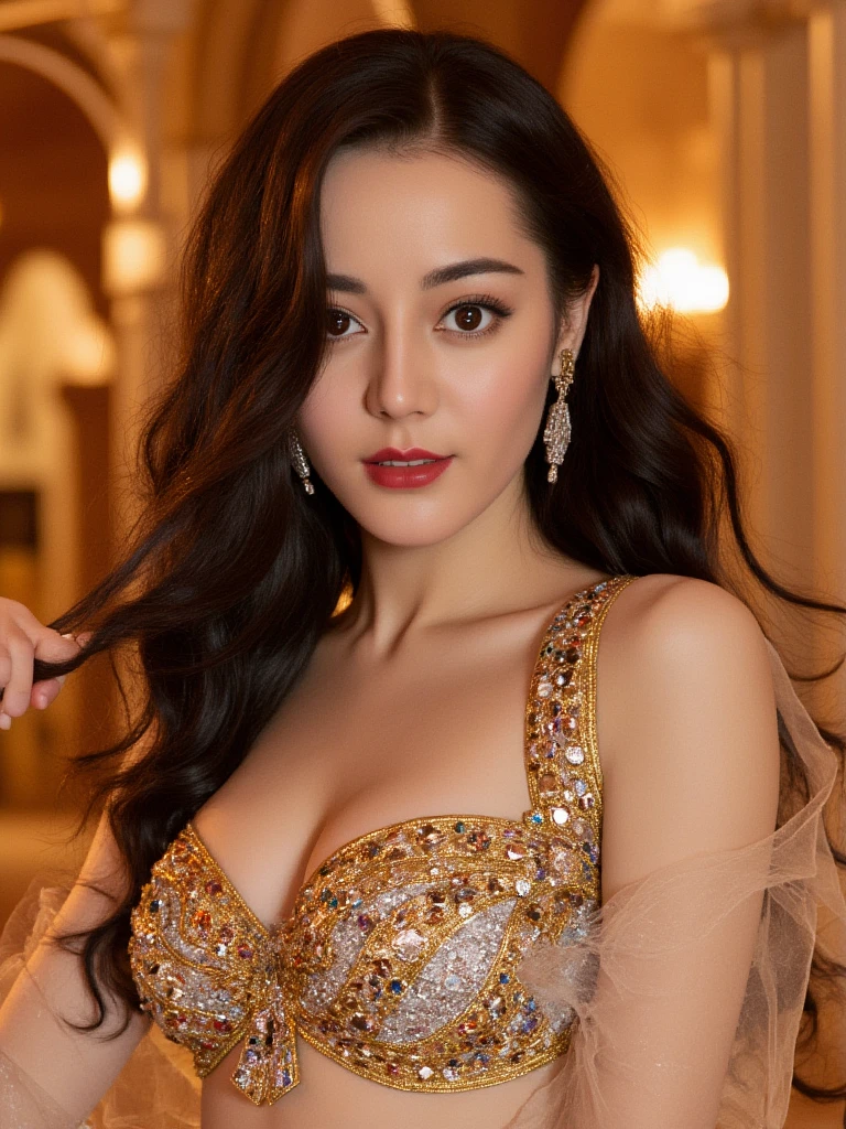 best quality, masterpiece, high resolution, 1 middle-aged woman 40 years old, Arabic dress that covers the whole body including the chest, hair ornaments, necklaces, jewelry, long oval face, wide forehead, long curly hair, curved eyebrows, big eyes, nose full length, thick lips, round chin, on_body, tyndall effect, beautiful sweet smiling expression, photorealistic, dark studio, edge lighting, two-color lighting, (high detail skin: 1.2), 8k uhd, DSLR, soft lighting, high quality , volumetric lighting, candid, Photo, high resolution, 4k, 8k, Bokeh,