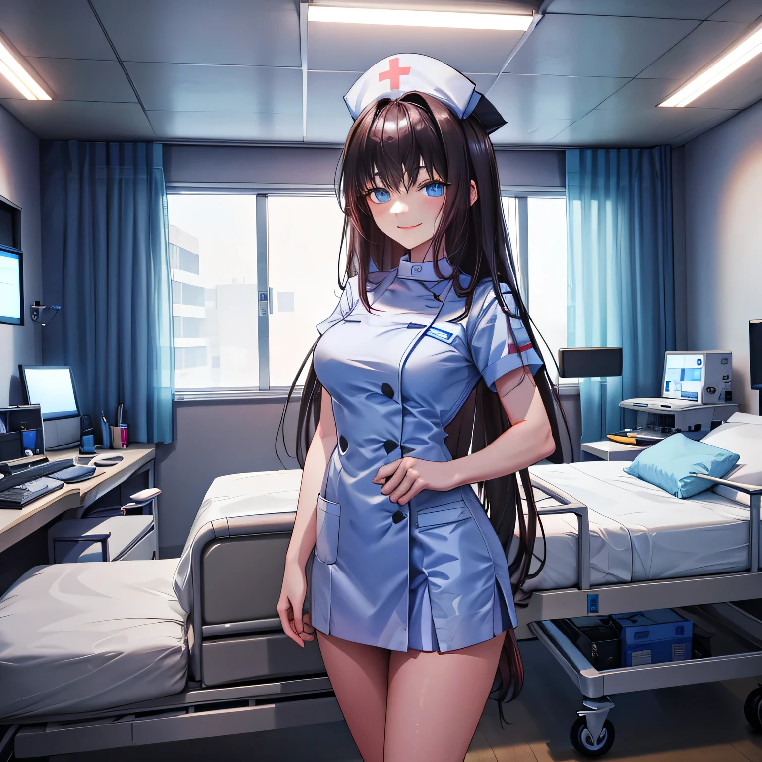A breathtakingly beautiful 20-year-old woman stands in a warmly lit hospital room, dressed in a white mini-skirt nurse uniform with a matching cap. Her shy smile adds a touch of charm, while the surrounding medical equipment and furnishings create an authentic yet welcoming atmosphere. dark hair, long hair, blue eyes.