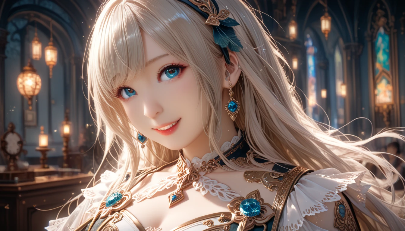(UHigh resolution, retina, masterpiece, Accurate, Anatomically correct, Textured skin, Super detailed, Attention to detail, high quality, 最high quality, High resolution, 1080P, High resolution, 4K, 8K, 16K), (美しいAttention to detail目, Beautiful lip detail, Highly detailed eyes and face), Studio Lighting, Physically Based Rendering, Vibrant colors, (Crown, Luxurious red cloak, White fur, gem, Decorations, royal coat of arms), (Portraiture, Blonde, Shiny Hair, Shiny skin), (Bokeh), (incline one's head to the side:1.5), Eye Reflexes, (blush, smile:1.5),