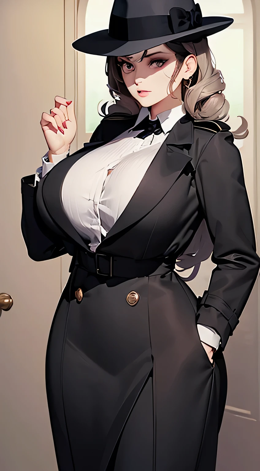 masterpiece,best quality,ultra detailed,8k,tall,big female,(gigantic breasts: 1.8),cleavage,20 years old,silver hair,long hair,straight hair,green eyes,smile,school swimsuit,black socks,black coat,coat on shoulders,action,