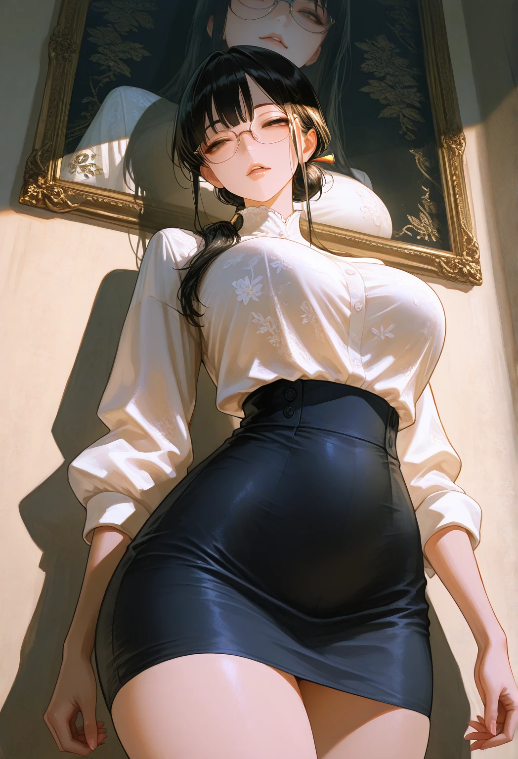 1girl, natural lighting, masterpiece, highly detailed, illustration, game CG, absurdres, high quality, aichan, large breasts, beautiful detailed eyes, short brown hair, side braid, from behind, picture in a frame, white shirt, thigh highs, (glory wall pose), white pleated miniskirt,