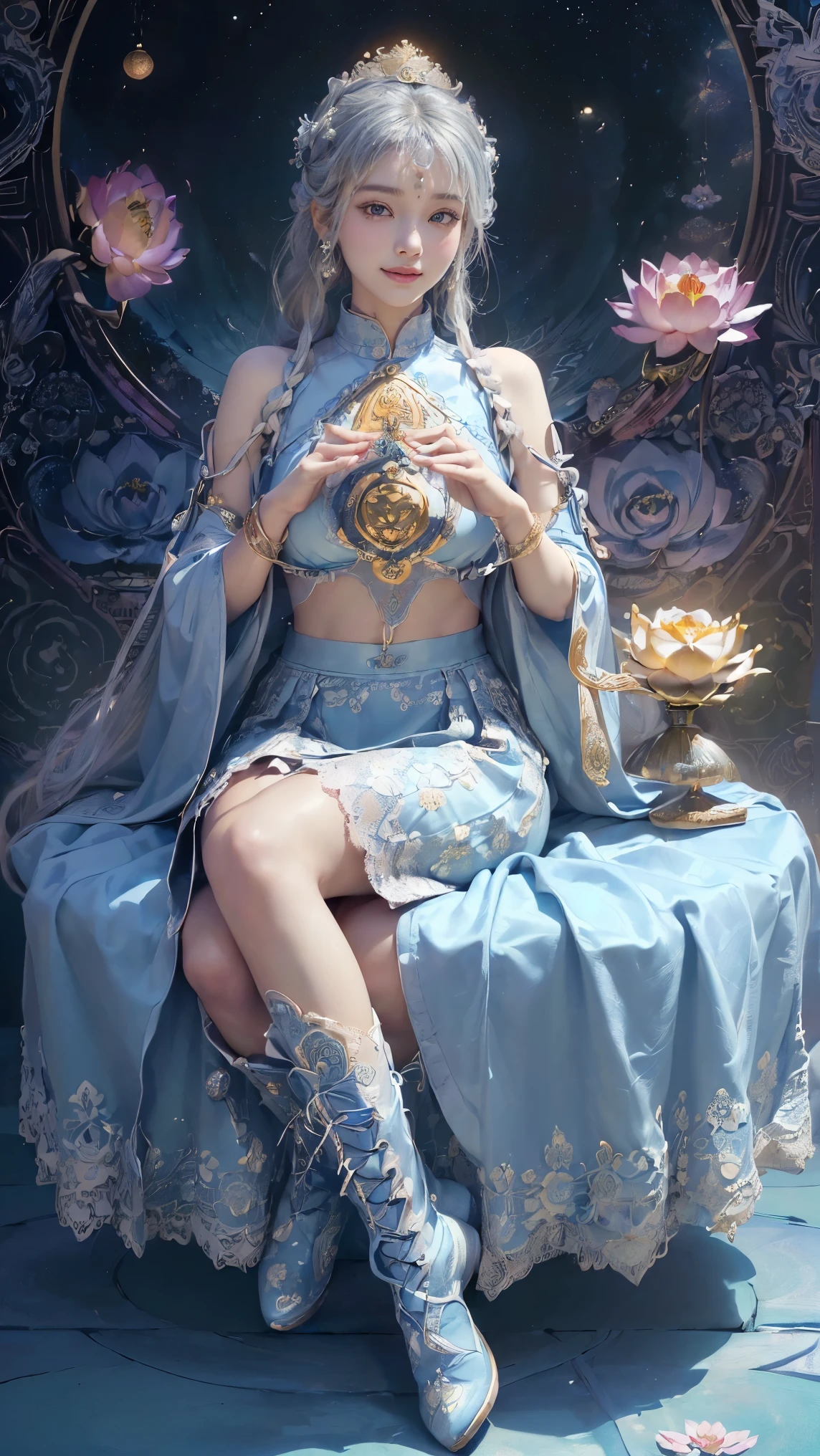 Sexy Zen Avalokiteshvara sitting cross-legged on a lotus throne meditates,(Yoga lotus sitting),(complete,Delicate and good-looking face),(Get wet all over your body)