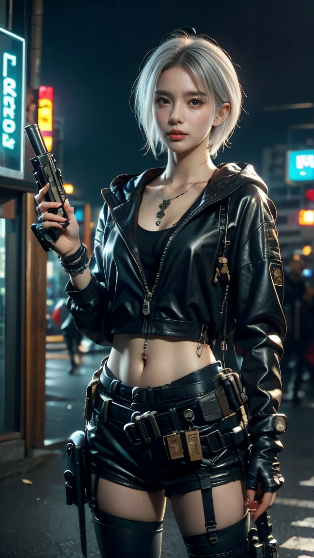Cute Girl，long eyelasher，beautiful and delicate eyes，Russians，extra very short hair，white color hair，Martial artist，dishevled hair，sci-fi style，cyberpunk clothes，Final Fantasy style，Symphony 2.5D，Half body bust