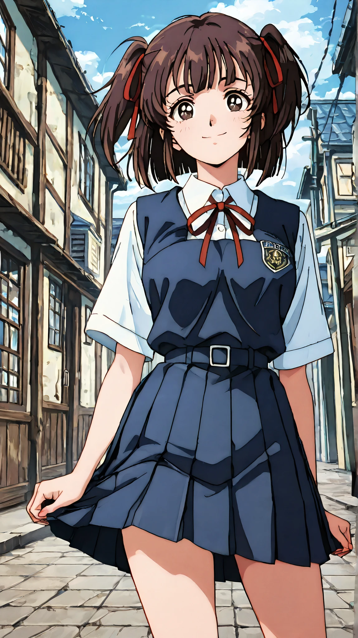 kayo,dark brown eyes,dark brown hair,two side hair,shoulder-length short hair,hair tied thin red ribbons,school uniform,white collared shirt,thin short red necktieribbon,navy blue short pleated skirt,tareme,labiomental sulcus,masterpiece,best quality,amazing quality,ultra detailed, very aesthetic,highres, beautiful detailed hair, beautiful detailed eyes, beautiful detailed face,beautiful,super detailed skin, perfect anatomy,score_9, score_8_up, score_7_up, source_anime,retro art style,[[realistic]],smile,standing,day,in the town