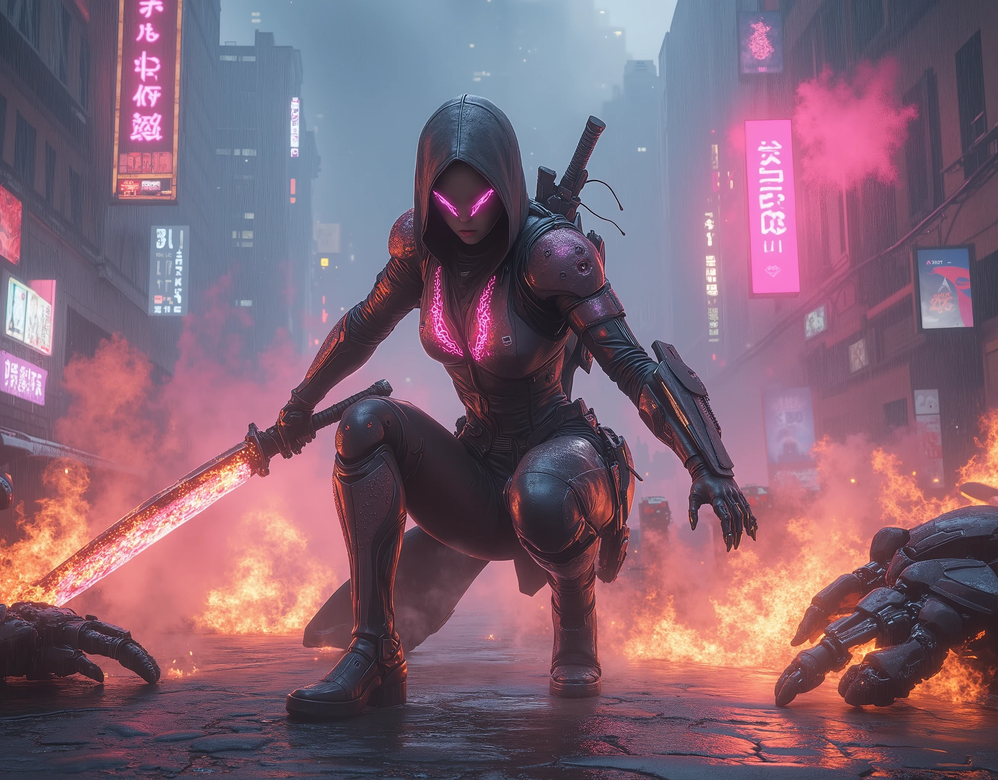 A fierce and beautiful cyberpunk ninja assassin engaged in an intense battle against rogue combat robots in the neon-drenched streets of a futuristic metropolis in the year 2025-03-17. Her face, though stunning, is twisted in fury, her piercing cybernetic eyes glowing like molten fire. She wears a sleek, high-tech ninja bodysuit, reinforced with armored plating, and adorned with intricate glowing circuitry patterns. A hood partially conceals her cyber-enhanced features, while fiery energy pulses through her veins, radiating an intense, searing heat from her entire body.
She crouches in a powerful combat stance, her body exuding a raging inferno that distorts the air around her. The sheer force of her presence has cracked the ground beneath her feet, creating a concave crater from which embers and flames rise. Her futuristic katana, infused with plasma energy, burns with a fierce orange glow, leaving a trail of fire as she swings it.
Around her, the remnants of her fallen enemies lie motionless—charred, melted, and broken, their once-lethal robotic forms now reduced to smoldering wreckage. Some still spark, twitching in their final moments. The battle is chaos—explosions erupt in the distance, casting a hellish glow over the rain-slicked city.
The background showcases a towering cyberpunk cityscape, with massive skyscrapers illuminated by glitching neon billboards. A giant digital screen displays the year **"2025-03-17"** in glowing red, partially obscured by thick smoke and swirling embers. The rain falls heavily, sizzling into steam as it touches her fiery aura, creating an ethereal mist that makes her appear almost supernatural. Shattered glass, bullet casings, and debris scatter the battlefield, enhancing the war-torn cyberpunk atmosphere.
The composition is cinematic and intense, with motion blur capturing the chaos of battle, dramatic lighting emphasizing the assassin’s raw power, and the sheer dominance of her presence over the battlefield. Flames,