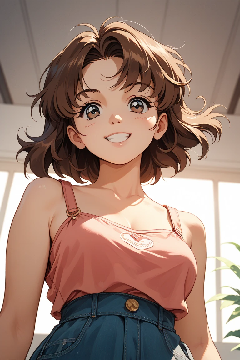 Tomboy girl, short hair, wavy hair, brown hair, cool face, glossy lips, hazel eyes, playful grin, stylish clothes, brown pants, arms behind back, medium breasts, looking at viewer, alley background