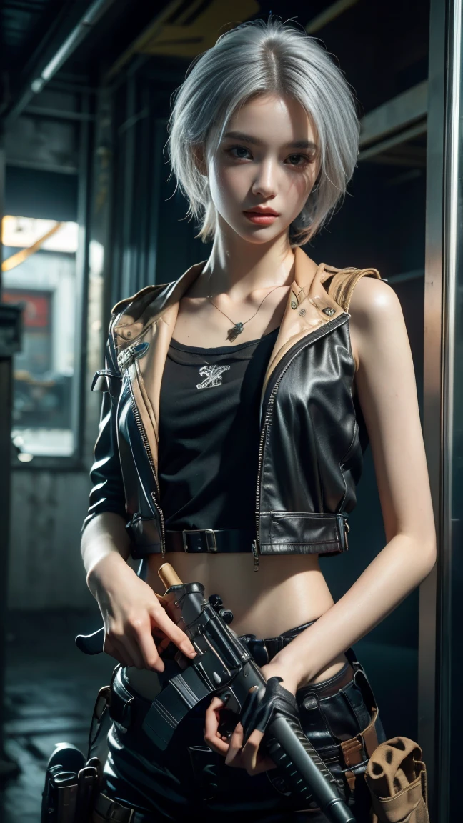 cool girl，futuristic，cyberpunk，silver short hair，big eyes，CG，rendering，UE5 engine，Black strappy vest，tattoo