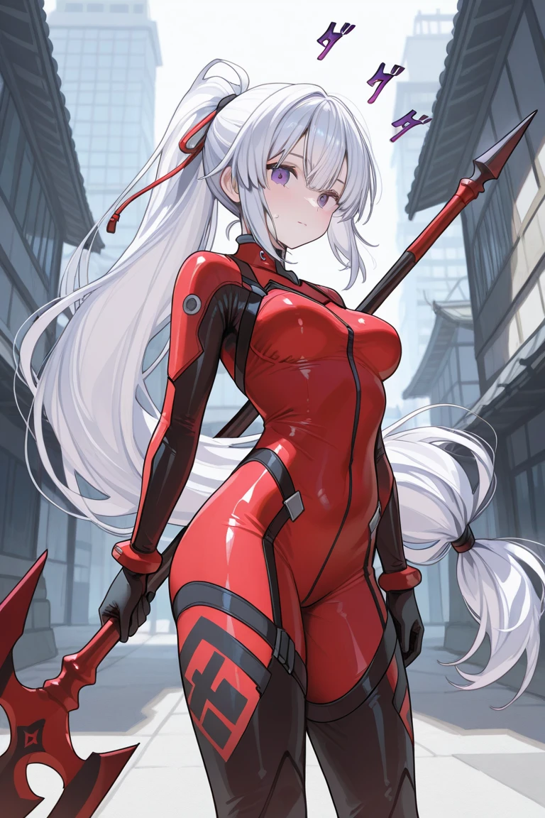 whole body,Standing posture, (Gray Hair,Twin tails,) (One Girl,Super big breasts,,Symphogia style,Red eyes), (Young face:1.2) (High leg leotard,Symphogear Suit,Black and red outfit,) Brave expression,(White background)
