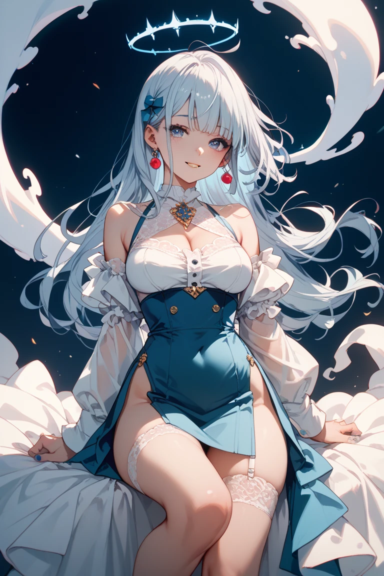 super high quality, (8k, RAW photo, realistic), white messy medium hair, amorous expression, lewd expression, hand on crotch, hand on chest, cheeks are red and she smiles shyly, intelligent beauty, cute face, shining blue big eyes, huge breasts, slender, perfect proportion, red big thick lips, wearing only apron, background in the night room, professional lighting
