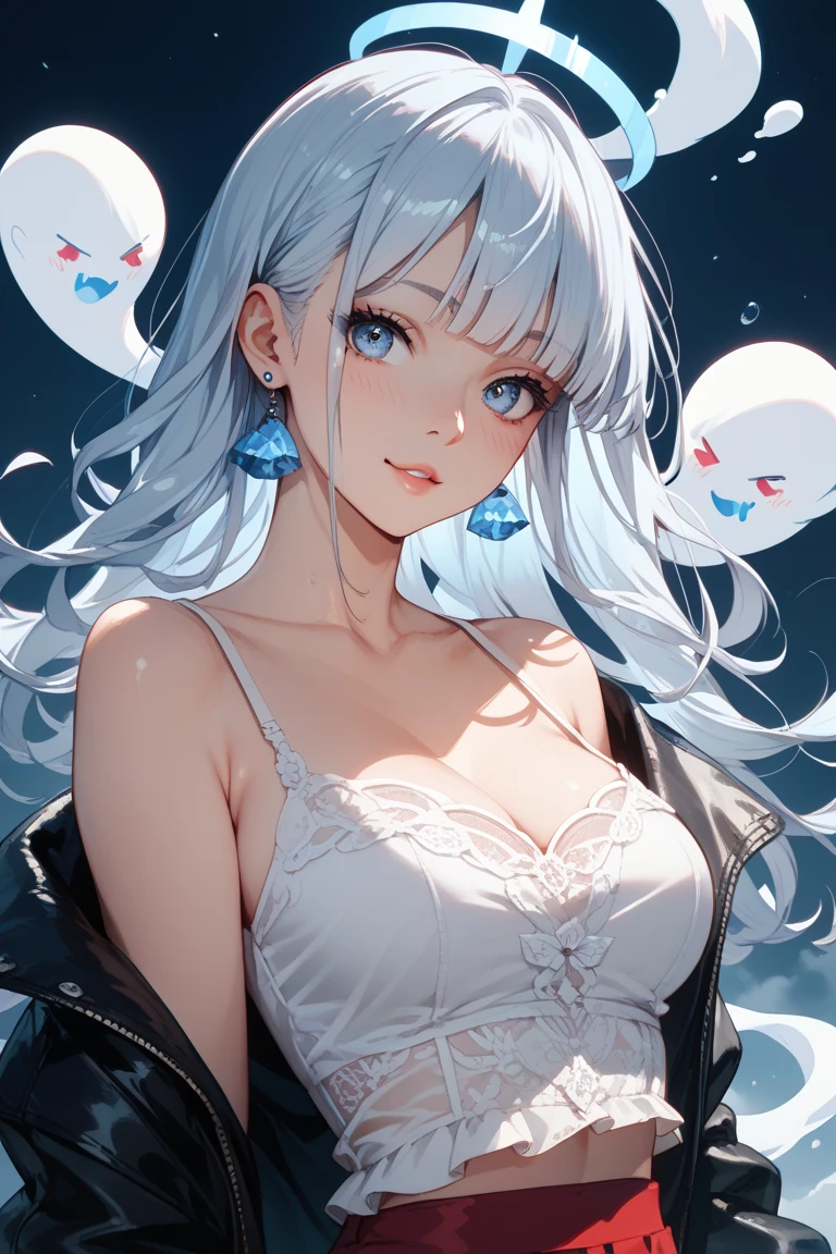(best quality:1.5, highres, UHD, 4K, detailed lighting, shaders), white wavy hair, gradient hair, large breasts, white shirt, white skirt jeans, mature woman , black Witcher hat, (pov), white background, colorful red eyeshadow, dramatic lighting, smile eyepression, golden earrings, flowing hair, delicate facial features, soft skin, high cheekbones, white background, stand up, lean forward, full body