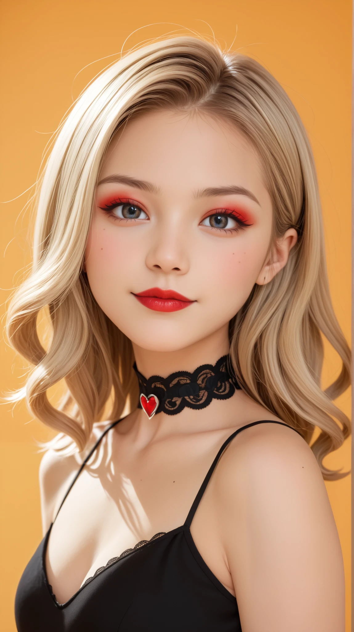 long hit 、 one girl:1.5、 cute *********、14Year、 perfect anatomy、 red eyeshadow、red lipstick、Slightly pink cheeks 、 white skin、ash blonde、 black dress 、Eight-headed body、 small 、 Unique Hairstyles 、 choker、 Best Quality、 is very well detailed、high quality details、 portraits、 Masseter region