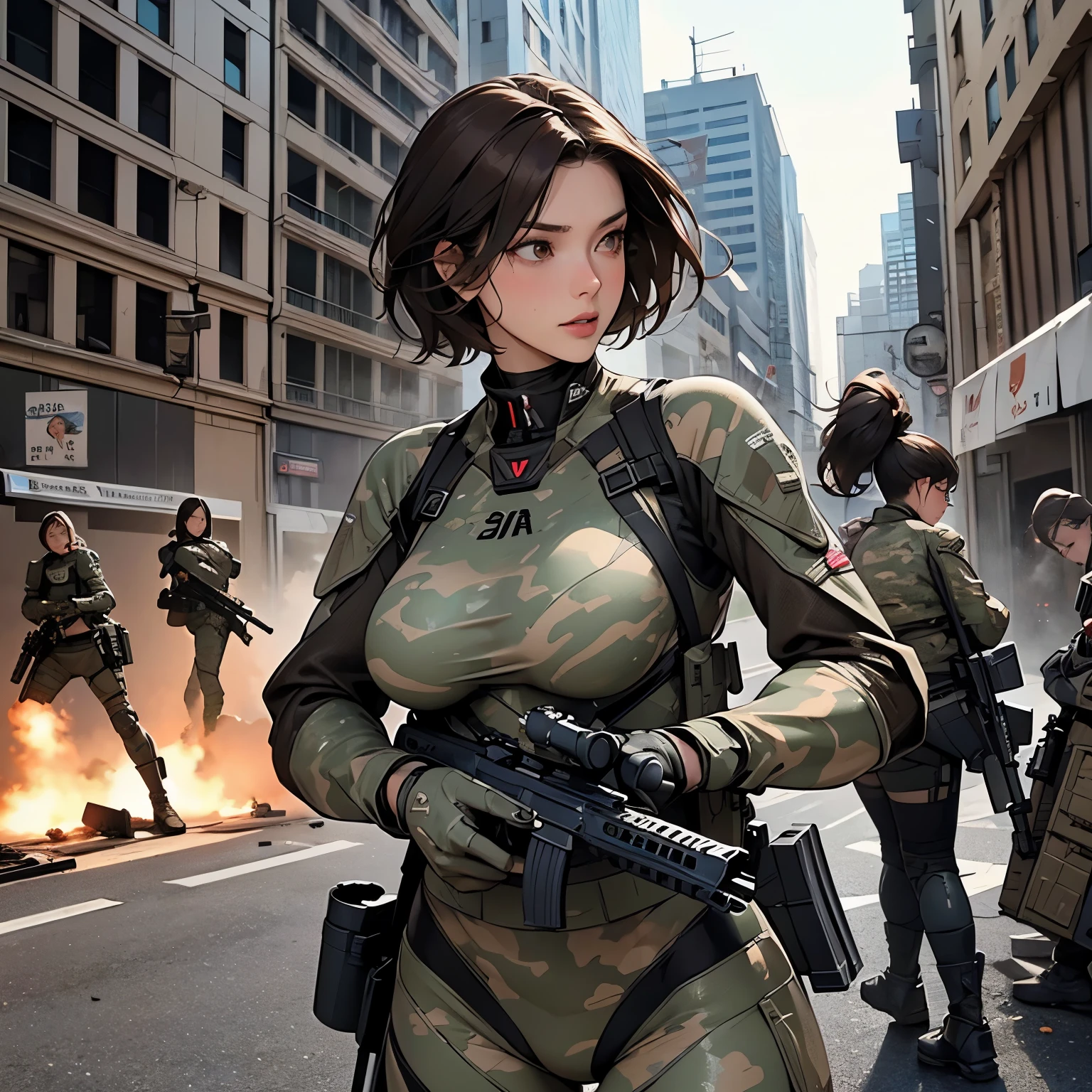 nsfw, anime screencap, 16K, perfect anatomy proportion body, perfect hands, action, A dynamic composition with a sense of speed and movement, (Hold an assault rifle:1.6), a wife, 40age, perfect beautiful delicate sexy face, perfect beautiful delicate eyes, brown hair, short bob hair, gigantic tits, Camouflage colored heavy armor robotic steam engine full armor powered suit, Many robot soldiers having a gunfight in the background, Flying bullets, Urban battlefields, war, Post-apocalyptic,
