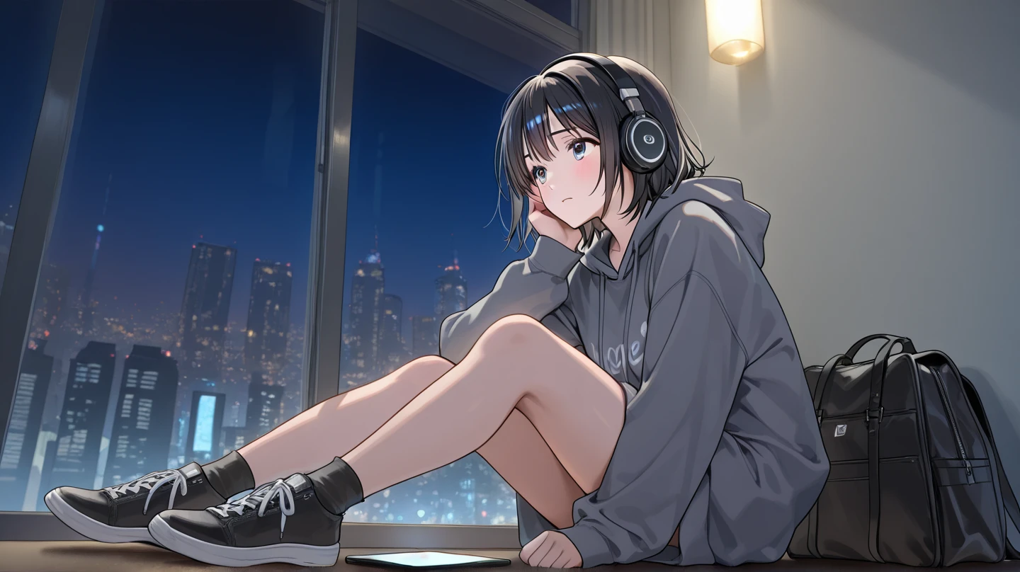 Ultra-high resolution, 8K, (Official Art, beautifully、mysterious:1.2), Anime Art Wallpaper, Works by Makoto Xin Haicheng, Lofi Art Style, Perfect human body composition, Perfect skeleton, Striking eyes, Oversized hoodie and short skirt, Shiny long black hair, Larger than average bust, Girl listening to music with headphones, Looking out the window, Mug on desk, lo-fi girl, Anime atmosphere, Anime Aesthetics, Lo-fi feel, City Room, Teenage Girl's Room, A room for music lovers, city view from the window, Impressive cityscape, Bright Sky