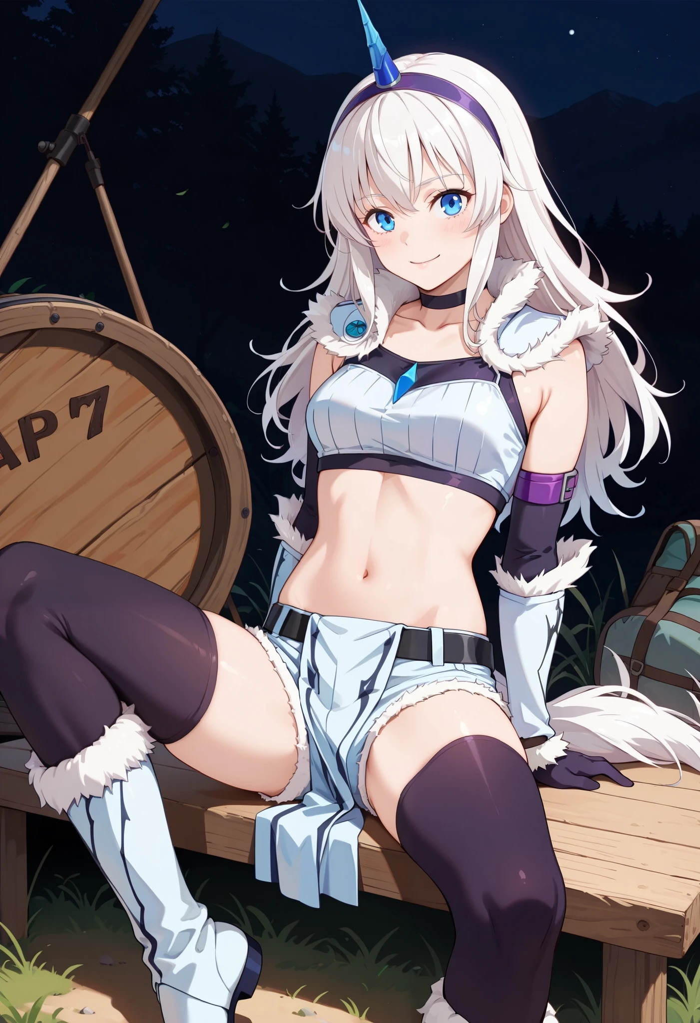 (score_9:0.9),score_8_up,score_7_up,rating_explicit,anime_style,(zPDXL),kirin beta armor,purple_single_horn_hairband,white detached sleeves,BLAKE,ung_girl,solo,blue eyes,looking at viewer,sitting,smile,plain_background,medium breasts,,closed mouth,collarbone,white bandeau,white loincloth,white_knee_boots, camp, campdire,black_knee_highs ,white_tubetop,open_legs,(abs:0.7),(white_hair:1.4),spikey_hair,white_chest_armor,white_fur_waste_armor,white_very_short_shorts,covered_crotch,