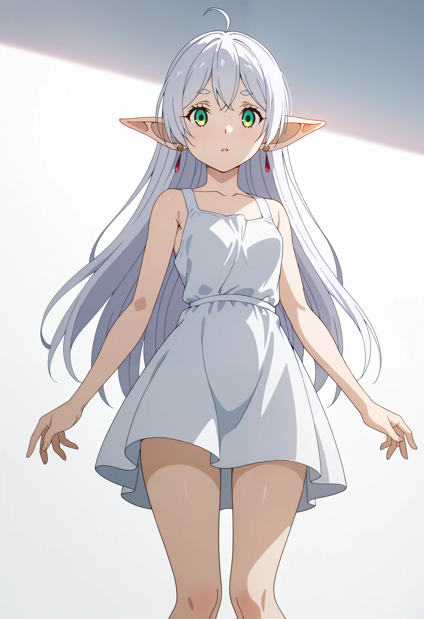 1girl, Female Elves (White dress 3.4) feet bare small tits WHITE HAIR A girl Standing Masterpiece, Anatomically correct, (Green Eye 5.5) From Suave Anime CG Art,