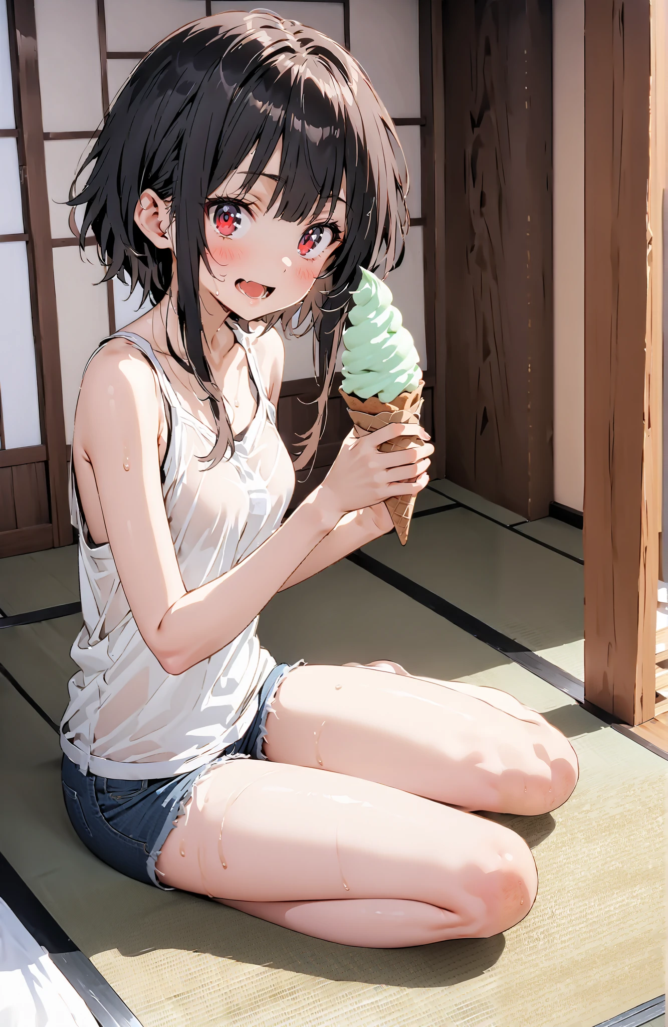 score_9, score_8_up, score_7_up, source_anime,
konosubaMegumin, Megumin, short hair, black hair, red eyes, short hair with long locks,smile,blushes,open their mouths,sweat,see-through,Loose tank top,denim micro shorts
,Bare legs,Holding soft serve ice cream with one hand,eating soft serve ice cream,sweat, sitting on the veranda,tatami,Japanese-style room,noon,sweat,Japanese Garden,full bodyがイラストに入るように,break indoors,縁側,
break looking at viewer,full body,
break (masterpiece:1.2),top quality , kampala, Unity 8K Wallpaper ,(shape:0.8),( fine, beautiful eyes :1.6),It's a person ,full body写真,CG Details , (perfect hands,complete anatomy),