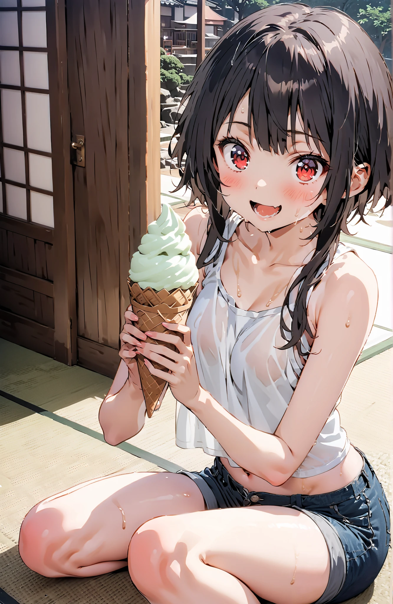 score_9, score_8_up, score_7_up, source_anime,
konosubaMegumin, Megumin, short hair, black hair, red eyes, short hair with long locks,smile,blushes,open their mouths,sweat,see-through,Loose tank top,denim micro shorts
,Bare legs,Holding soft serve ice cream with one hand,eating soft serve ice cream,sweat, sitting on the veranda,tatami,Japanese-style room,noon,sweat,Japanese Garden,full bodyがイラストに入るように,break indoors,縁側,
break looking at viewer,full body,
break (masterpiece:1.2),top quality , kampala, Unity 8K Wallpaper ,(shape:0.8),( fine, beautiful eyes :1.6),It's a person ,full body写真,CG Details , (perfect hands,complete anatomy),