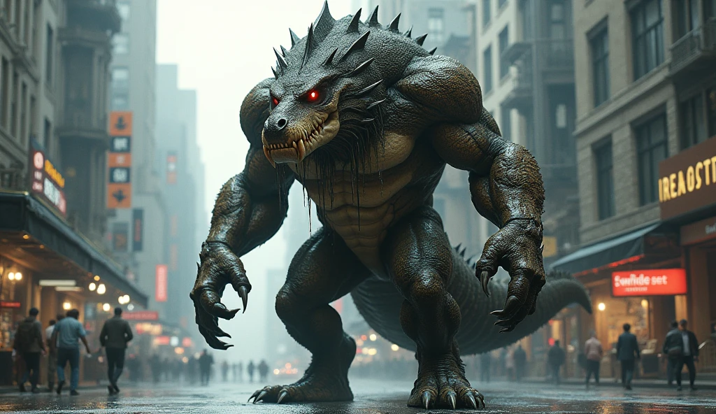 Create a Godzilla in a dynamic, full-body pose, emitting radiant lasers from his menacing mouth. Portray an expression of untamed fury and power on his detailed face, with his sharp, green eyes blazing with intensity. The monstrous figure sports a muscular build, bulging with raw strength. The scene is set against a city backdrop at night, with dramatic cityscapes in the background, drenched in a cold atmosphere, creating an aura of chaos and destruction.

This 3D render masterpiece is trending on ArtStation, boasting ultra-detailed textures and realistic elements, such as intricate scale patterns and rough skin texture. The laser
