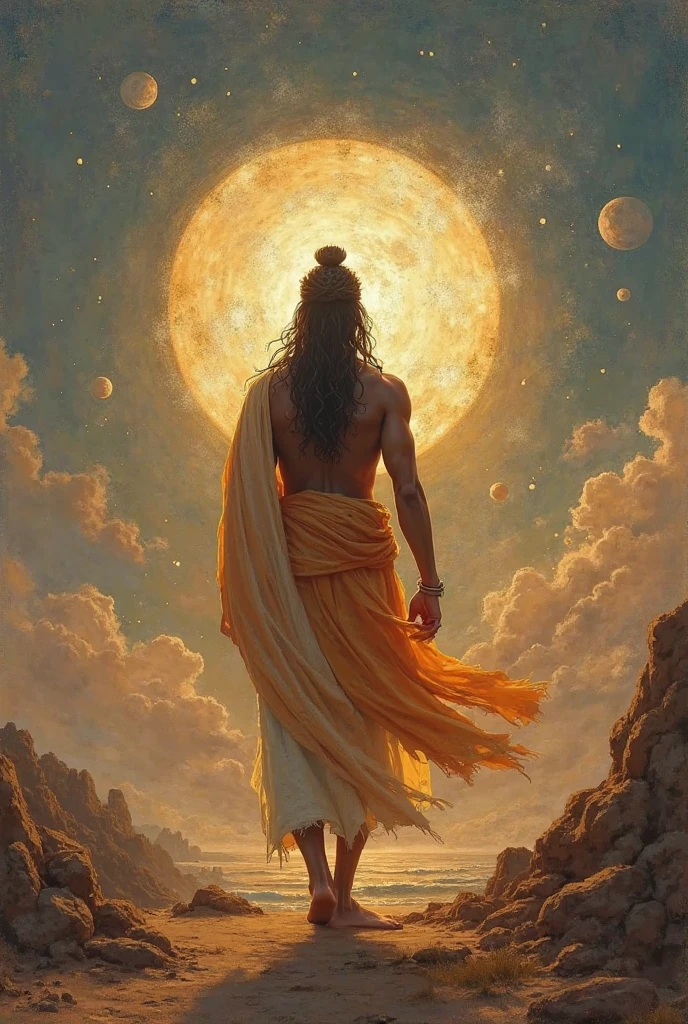  “A symbolic representation of the balance between creation and destruction, as taught by Shiva’s Tandava. One side of the image shows blooming flowers, growing trees, and newborn stars, symbolizing creation and life. The other side depicts crumbling structures, withering plants, and dying stars, representing destruction and death. In the middle, Lord Shiva stands serenely, embodying both aspects in perfect harmony.”
