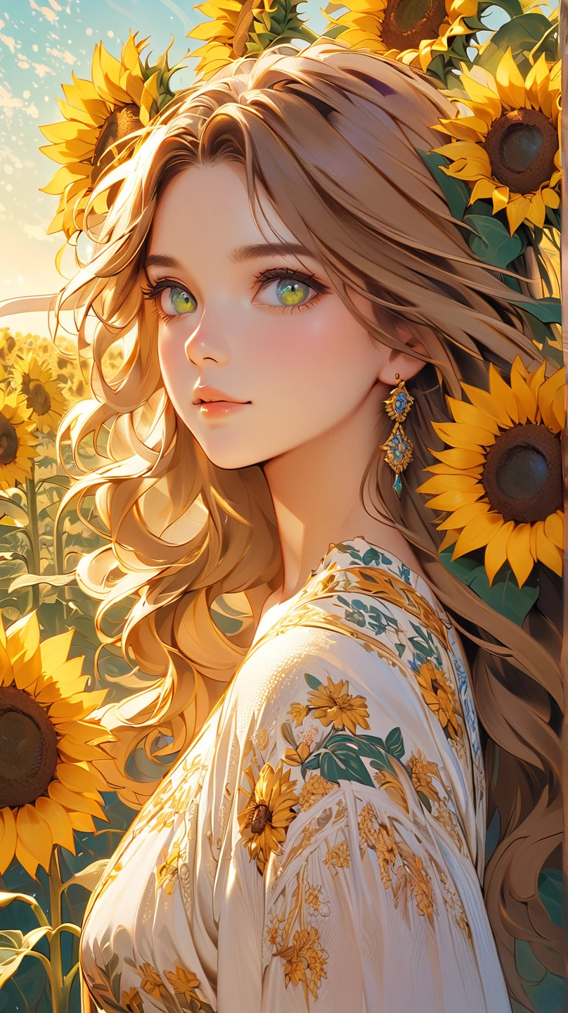 half portrait, Best Quality, Masterpiece, extra high resolution, (foto realista: 2.5), surrealism, dream-like,
1 girl smiling, wavy blonde long hair, Bright green eyes, Starry sky, night time, Stars, galaxy, Field with poppy flowers