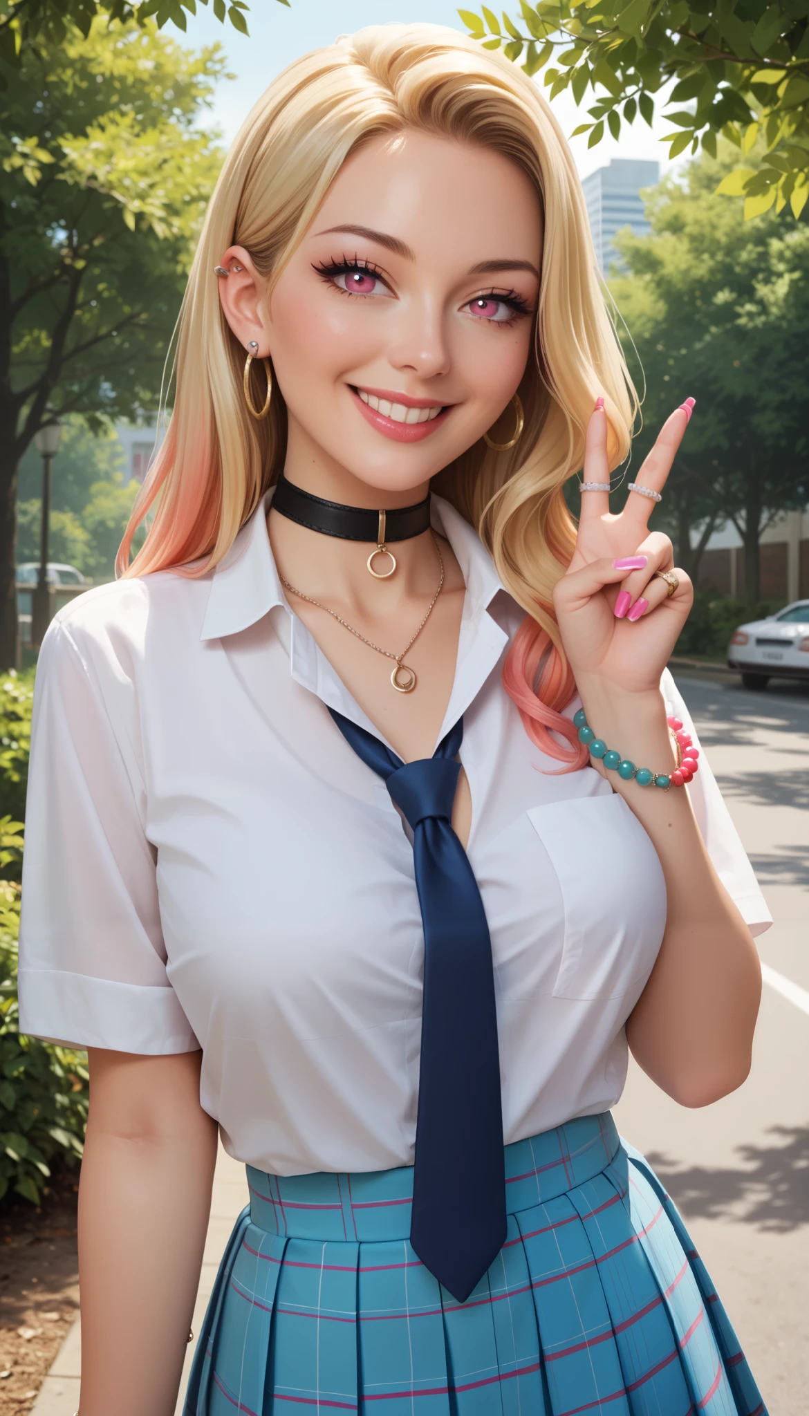 1girl, mature, 18 years old, mrnktg, long hair, multicolored hair, colored tips, blonde hair, pink eyes, large breasts, ear piercing
bead bracelet, bracelet, ring, pendant choker, white collared shirt, tied shirt, blue necktie, pleated skirt, plaid skirt, smile, peace sign , outdoors , day , tree