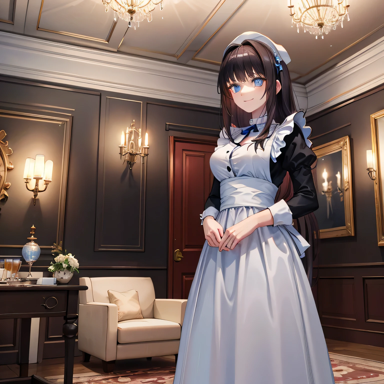 A breathtakingly beautiful 20-year-old woman stands in an opulent mansion room, dressed in a classic black-and-white maid outfit with a short hem and a white brim cap. Her confident smile radiates warmth. The room features elegant furnishings and decor befitting a grand estate, bathed in soft, natural lighting that enhances the sophisticated ambiance. dark hair, long hair, blue eyes.