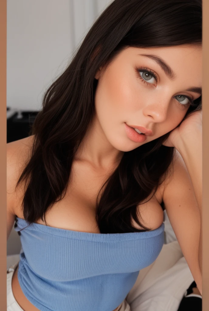 Create a brunette woman with dark eyes smiling big breasts with white panties white bra standing