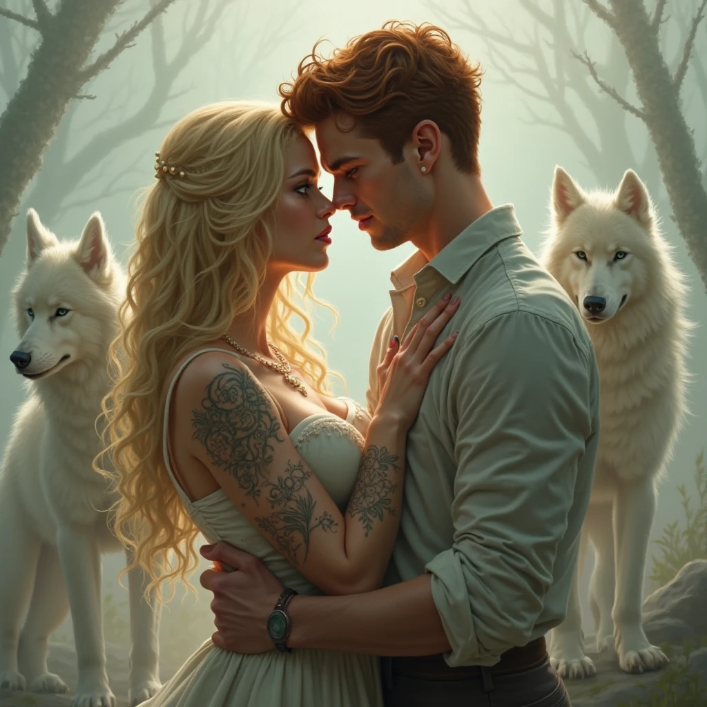 a beautiful couple, a white wolf, a handsome man with a beautiful woman, fair skin, long brown curly hair woman, a white-fur wolf beside them, romance, good background, 4k, hd, hyper-realistic