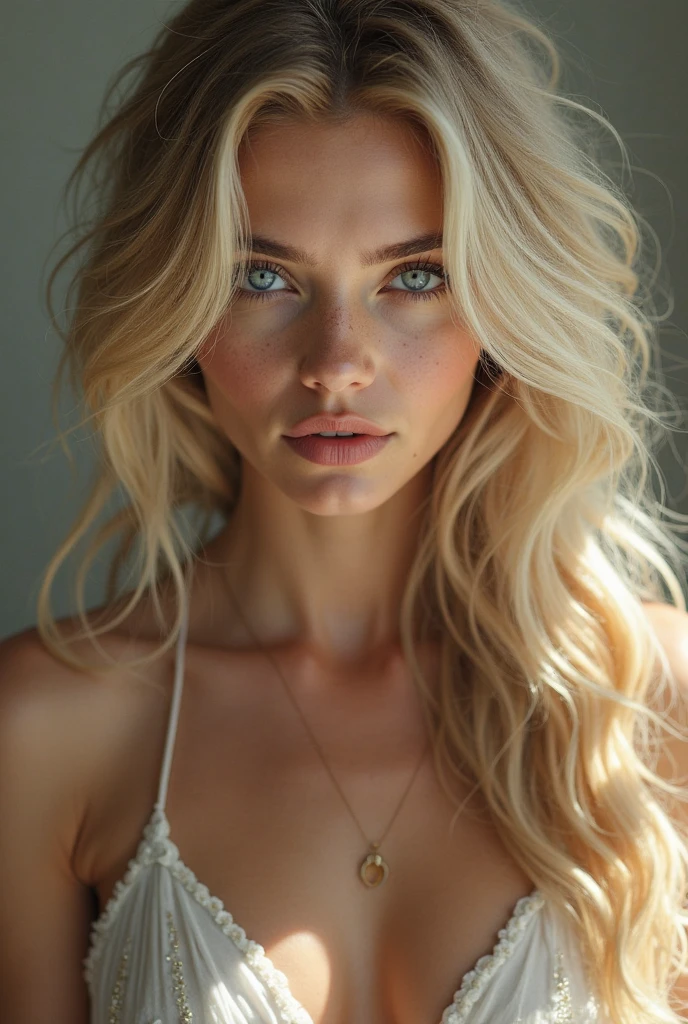 Blond hair, woman, soft skin, black eyelashes, green eyes, perfect skin, voluminous hair, sparklin hair, naked, athletic, nipples