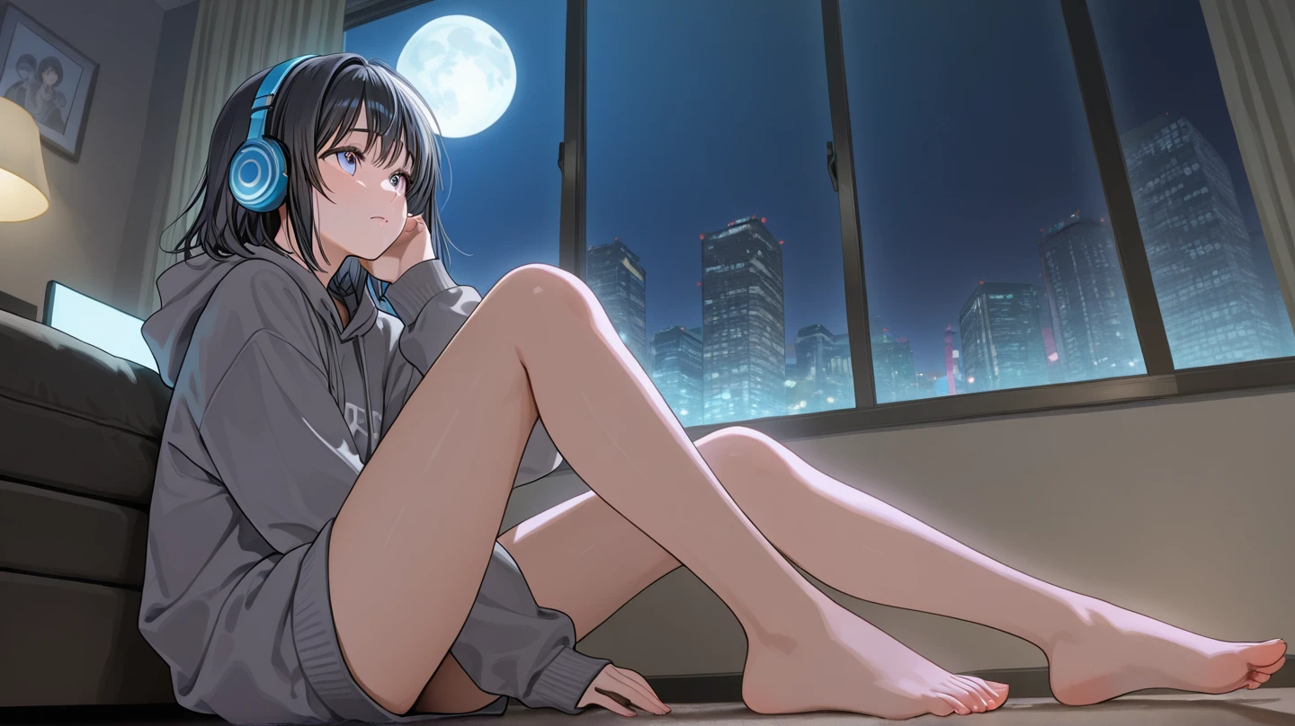 (((Masterpiece, highest quality, high definition, high detail)))), (((modern))), ((bedroom)), ((laying on bed)), (((one girl))), A girl in hotel room at night, neon lights, beautiful face, tomboy, wearing hoodie, dark pajama shorts, (dark skin2), (black + short wavy hair1.2), yellow eyes, blunt bangs, wearing hoodie, gym panties, blushed face, small breasts, High resolution, dark ambiance by professional AI, hotel room, night, dark sky, looking at viewer, (((One girl in middle))), (((SOLO))), (((moon and stars)))