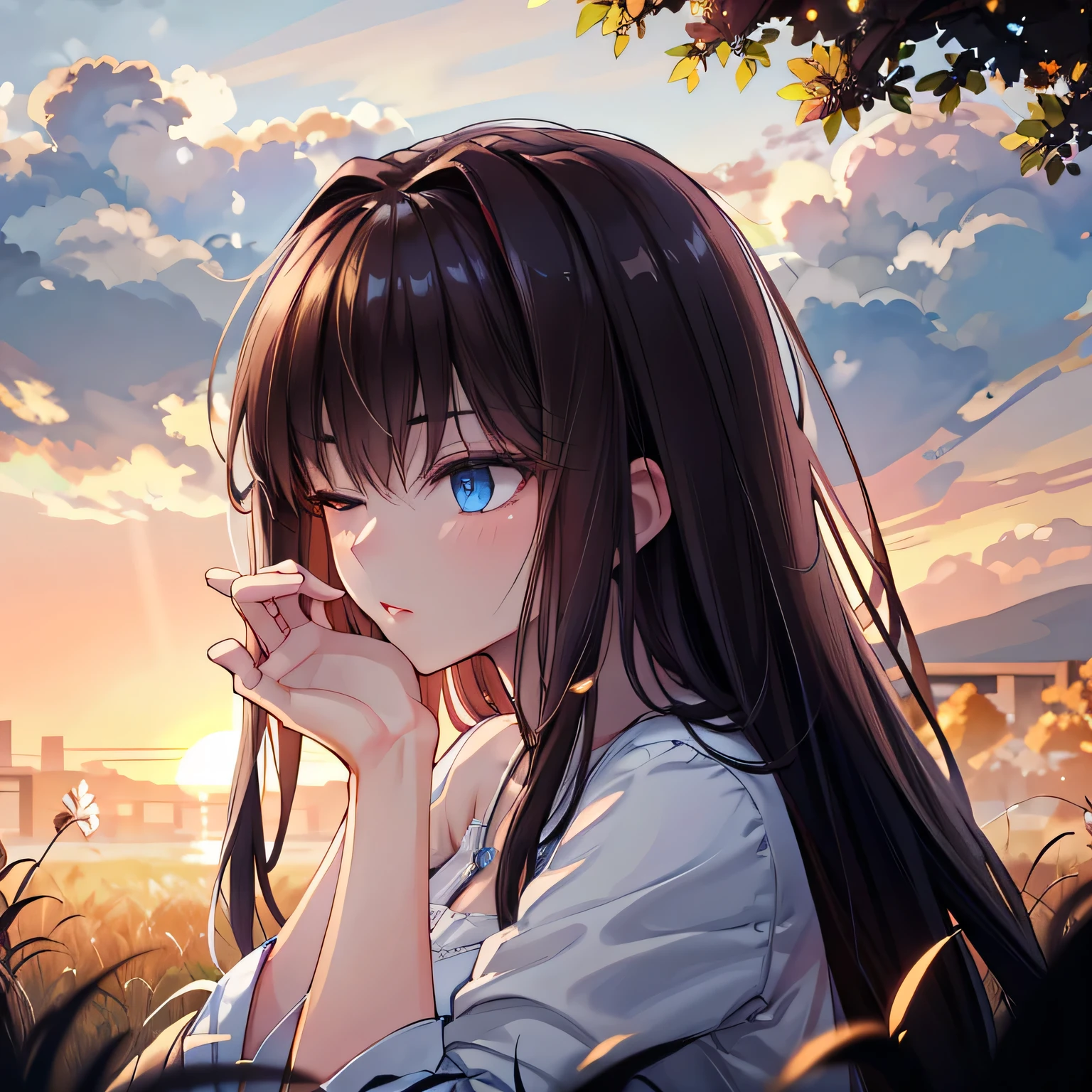 A breathtakingly beautiful 20-year-old woman stands in a lush green park at sunset, bathed in the warm golden light of the evening sun. Facing forward, her eyes gently closed, cheeks slightly flushed, and her face tilted upward as if anticipating a kiss, she embodies serenity and romance. The soft hues of the sunset complement the tranquil surroundings, enriching the dreamy atmosphere. dark hair, long hair, blue eyes.