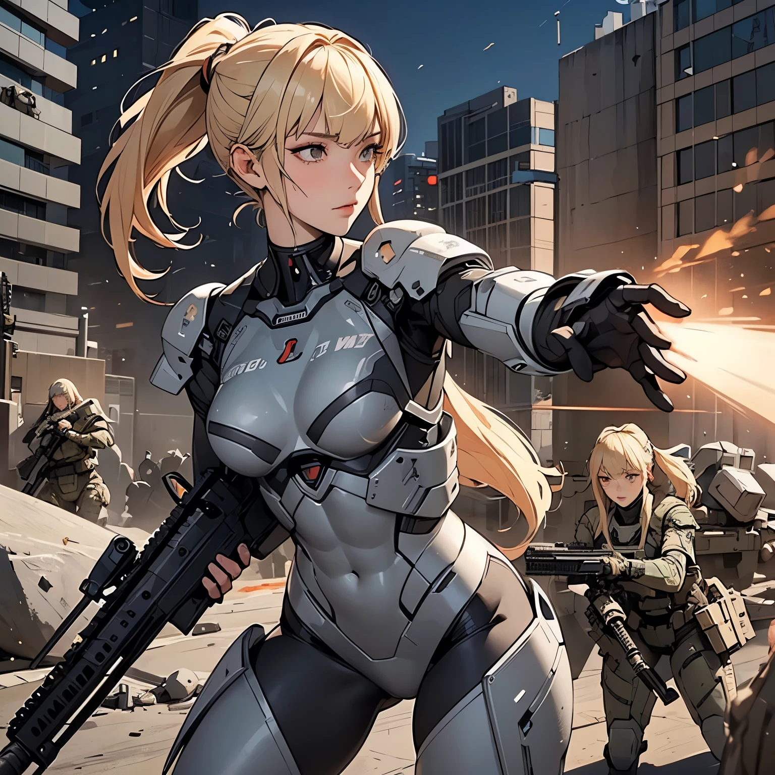 nsfw, anime screencap, 16K, perfect anatomy proportion body, perfect hands, action, A dynamic composition with a sense of speed and movement, (Hold an assault rifle:1.6), a wife, 40age, perfect beautiful delicate sexy face, perfect beautiful delicate eyes, blonde hair, blunt bangs ponytail, flat chest, abs, Camouflage-colored heavy armored steam engine full armor powered suit, Many heavily armored robot soldiers are engaged in a firefight in the background., Flying bullets, Snowy Battlefield, war, Post-apocalyptic,