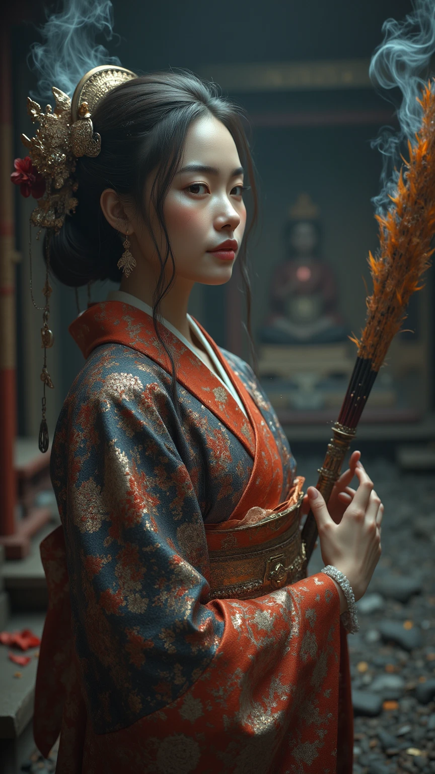 Real dragon woman sitting on tatami mat smoking xylitol, Japanese fantasy, real dragon, real dragon behind, traditional Japanese house, woman in kimono, portrait shot, has mysterious powers, 3D rendered character art 8K, dim, dark, global illumination