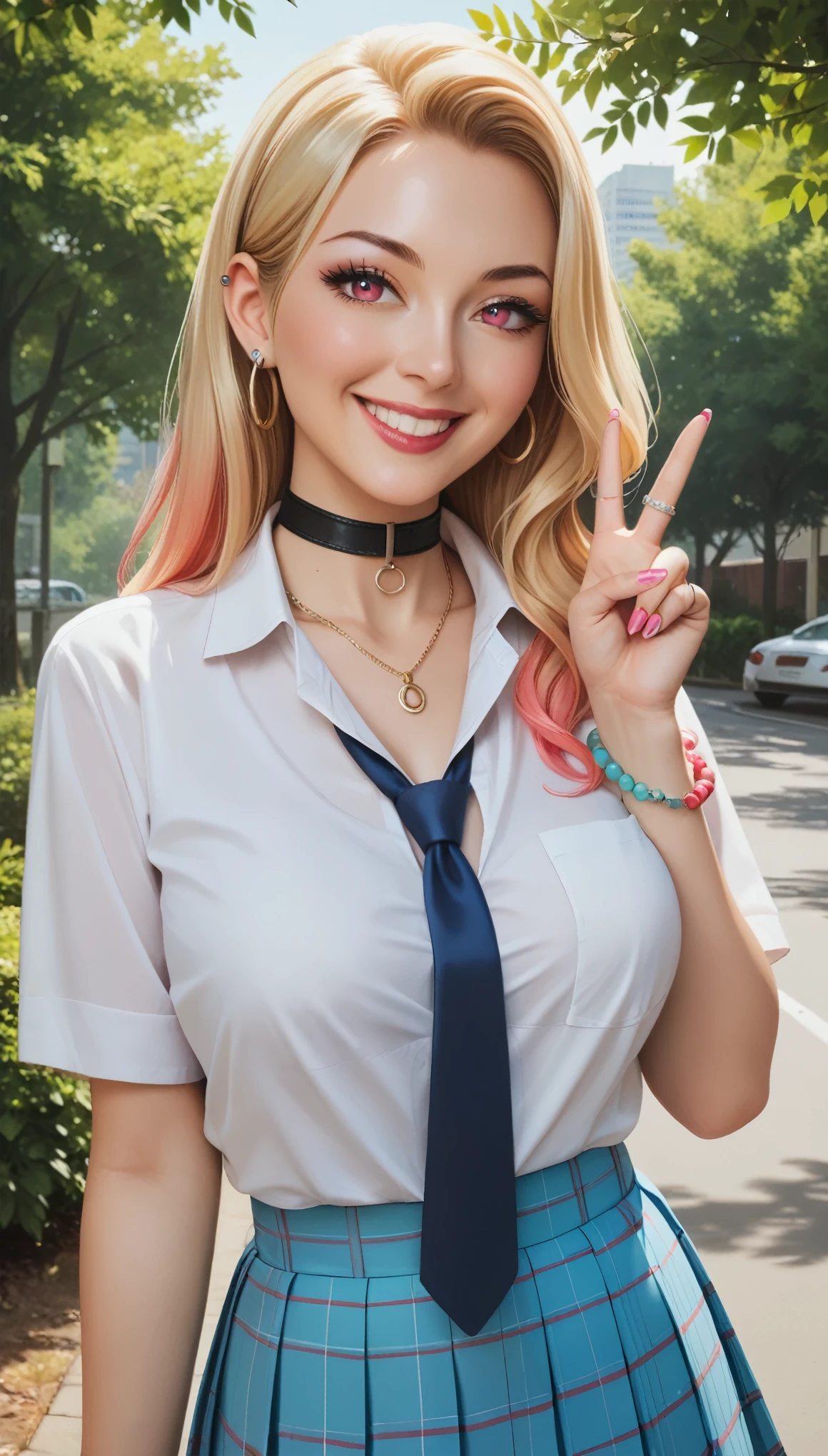 1girl, mature, 18 years old, mrnktg, long hair, multicolored hair, colored tips, blonde hair, pink eyes, large breasts, ear piercing
bead bracelet, bracelet, ring, pendant choker, white collared shirt, tied shirt, blue necktie, pleated skirt, plaid skirt, smile, peace sign , outdoors , day , tree