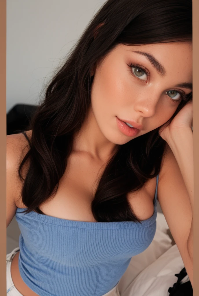 (Please generate an image of a young woman wearing a shirt and necklace. Remy Lacroix. She has dirty blonde hair, big Blue eyes, and a subtle, natural makeup. She should look directly into the camera. The face should look real and natural. Full body shots of this attractive woman should feature eye-catching poses, high quality(Best quality at best)), ((masterpiece)), (Detailed pubic hair), the perfect face, Camisole and necklace.)
