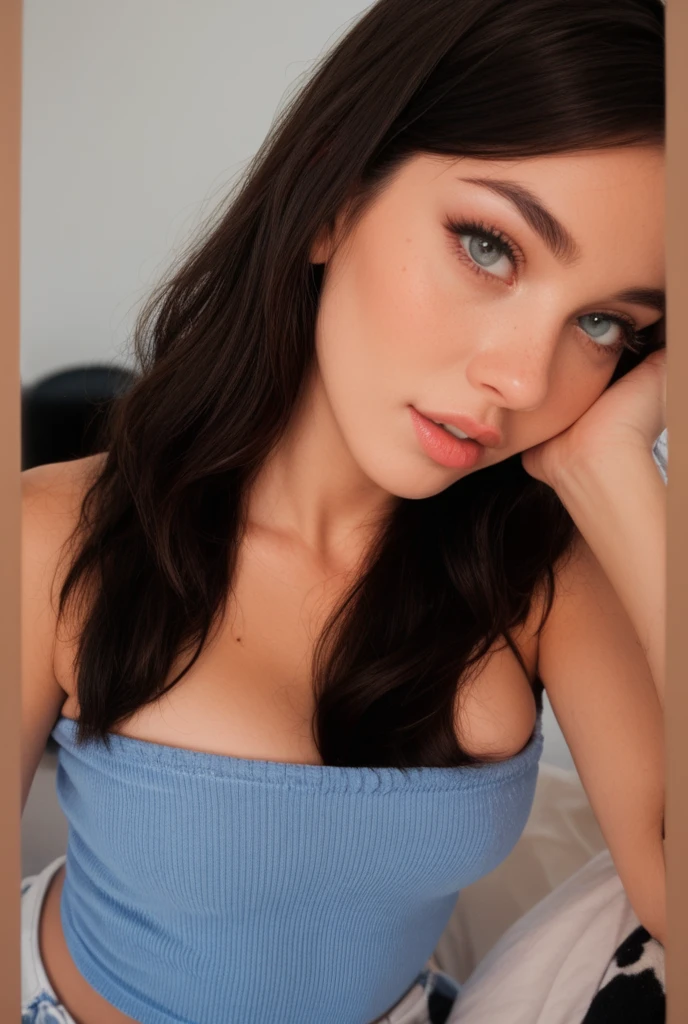 Young brunette woman with blue eyes big lips and a pretty face