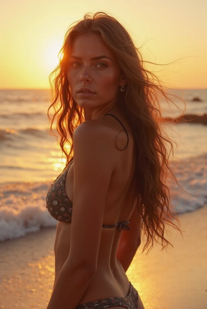 a seductive girl wearing a micro bikini, detailed facial features, beautiful detailed eyes, beautiful detailed lips, extremely detailed face, long eyelashes, perfect proportions, curvy hourglass figure, medium breasts, sensual pose, ocean scenery, tropical beach, palm trees, sunset lighting, golden hour, vibrant colors, photorealistic, cinematic, intricate details, award winning, masterpiece