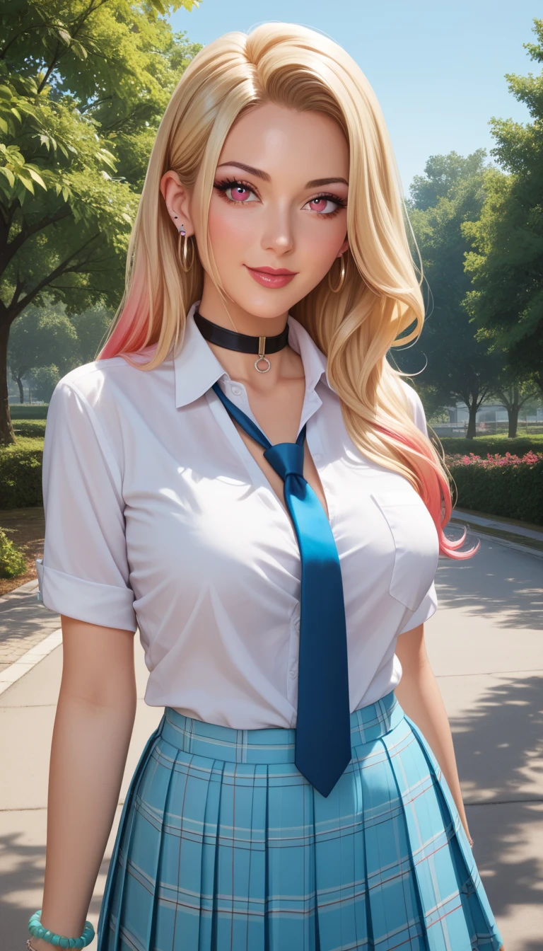 masterpiece, best quality, highres, Ann Takamaki, 1girl, blonde hair, long hair, twin tails. Blue eyes, jewelry, earrings, piercing, unbuttoned white shirt, open shirt. partial nudity, massive breasts. nipples. no bra. black choker, blue necktie, no skirt smile, standing, cowboy shot, outdoors, Futanari. Penis. Girl with penis. Dickgirl.