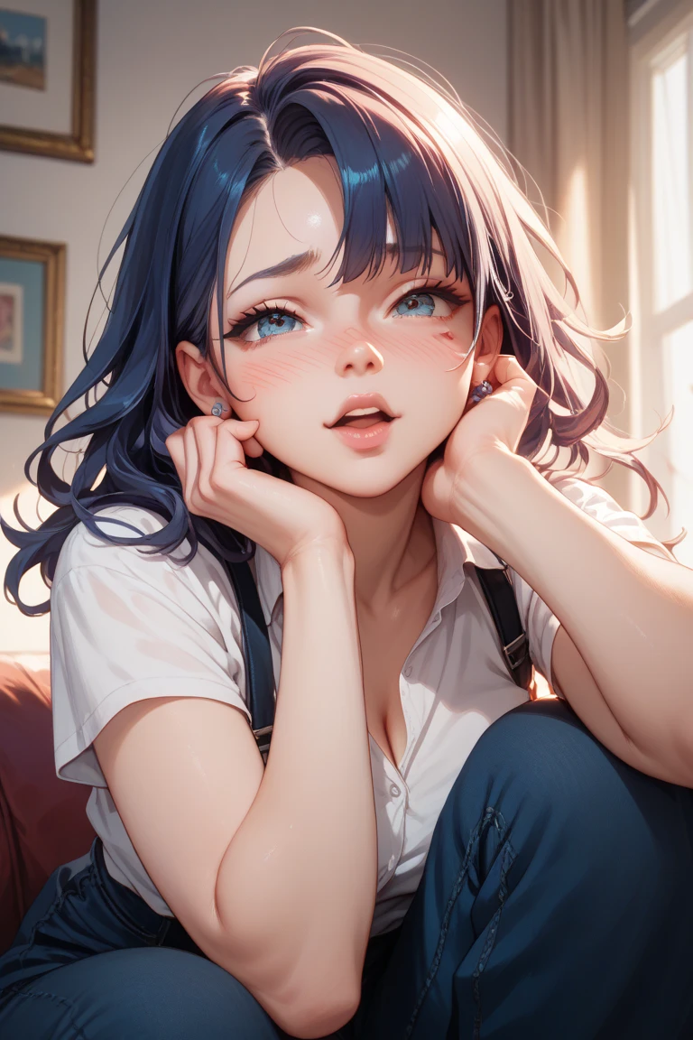 (high quality, 8k, 4K, High Contrast, masterpiece:1.2, 最high quality, Best aesthetics), 1 female, (Realistic skin texture:1.3), (Film Grain:1.3), (Selfie angle, High Angle), One Girl, Beautiful and detailed eyes and face, 最high quality, close, Cowboy Shot Black Hair , Black disposable mask, blue hair inner, white shirt, dark blue skirt (Show off a black bra)