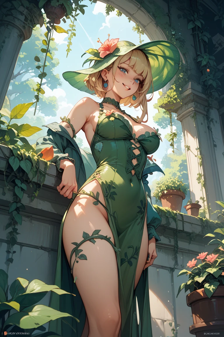(best quality). (Ultra Detalhado). (1girl), Olhando para o Viewer. (Antecedentes detalhados). belos olhos detalhados. rosto delicado e bonito. (high saturation), seios grandes, droopy breasts, sexy poison ivy costume, full body, long legs, big breasts,