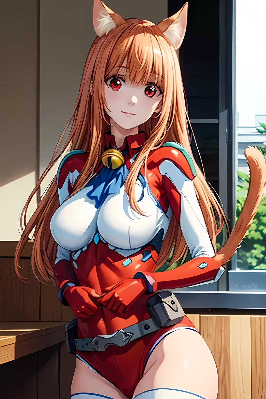 masterpiece, best quality, highres, hmeris, orange hair, red eyes, cat ears, cat tail, large breasts, red leotard, ascot, jingle bell, long sleeves, white thighhighs, loose belt, pouch, red gloves, <lora:eris_v1:0.7>, walking, ourdoors, cowboy shot, :o