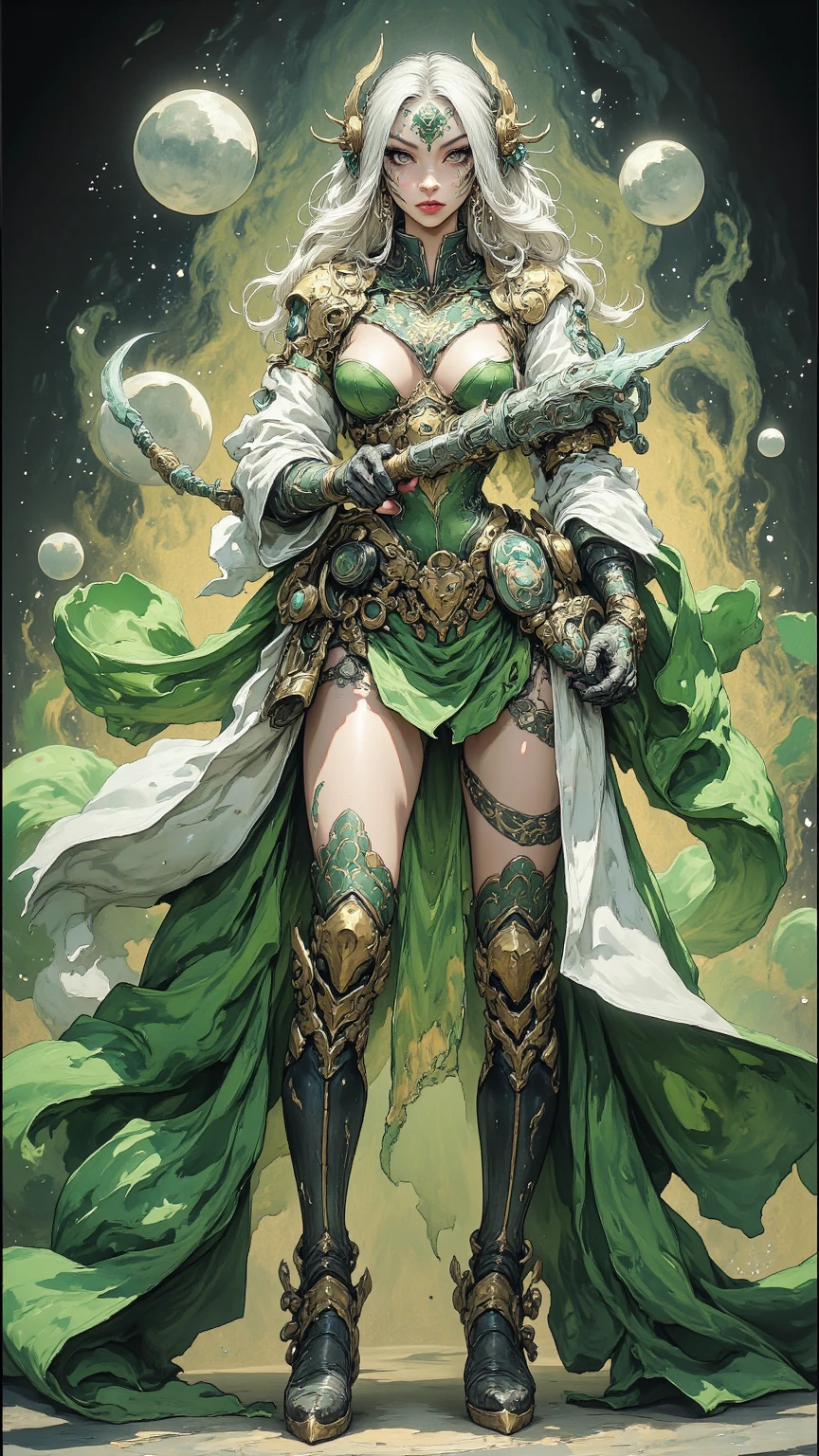 ((Detailed face)),((Mucha's style)),(vulgar),(portrait),((African woman)),Tits that are too big,green hair,forehead,((addiction to sex))((Heavily armoured warrior)), half sticking out of clothes,(cowboy shot:1.6)