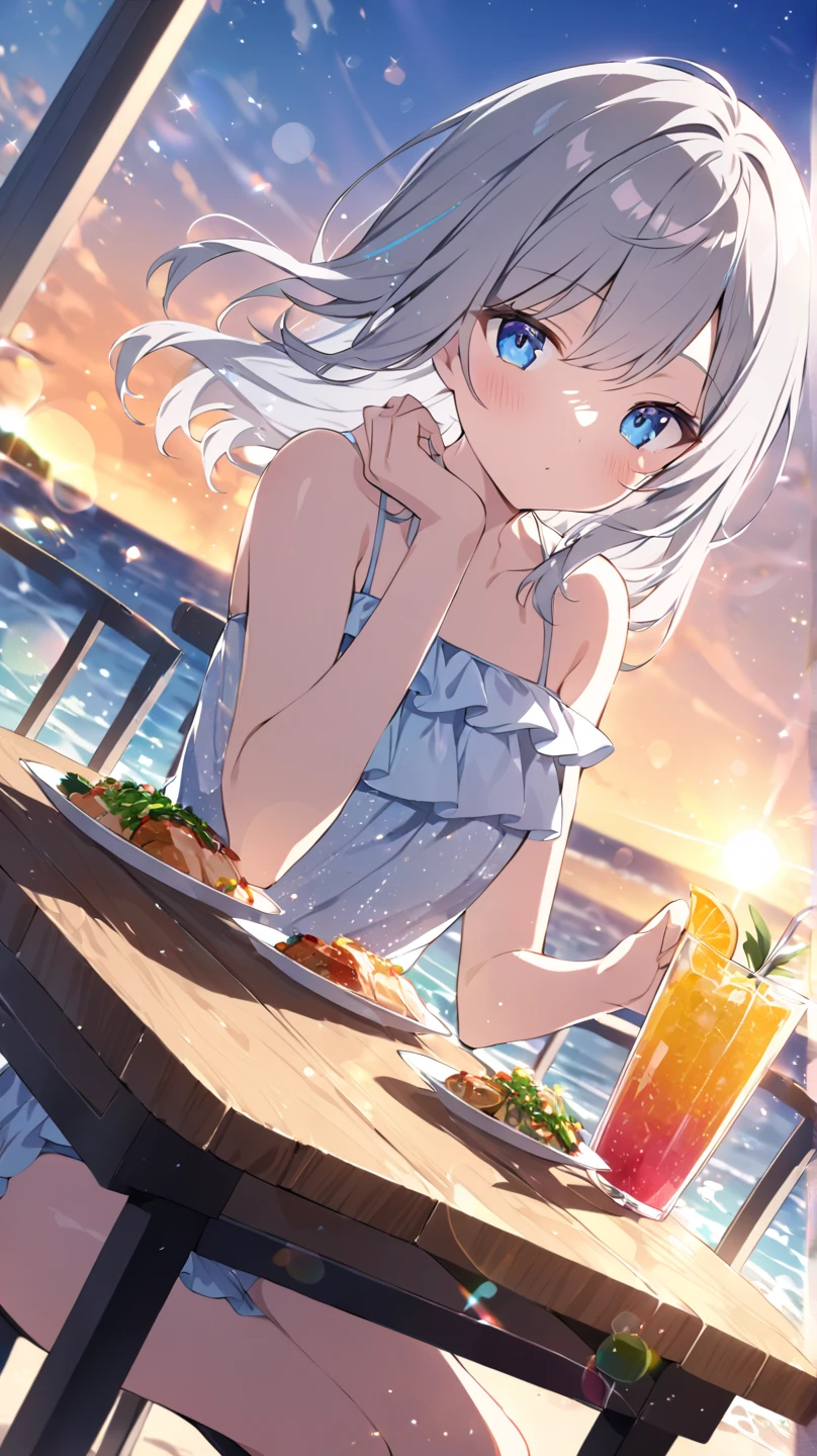 4k, HD, Good detail, Single Girl, perfect face, sunny day, dramatic sun light, eating satay in the beach, beach outfit, long wavy hair, lace braided hairstyle, gold star earring, white hair, yellow eyes, small breast, bokeh background, cinematic, medium full shot